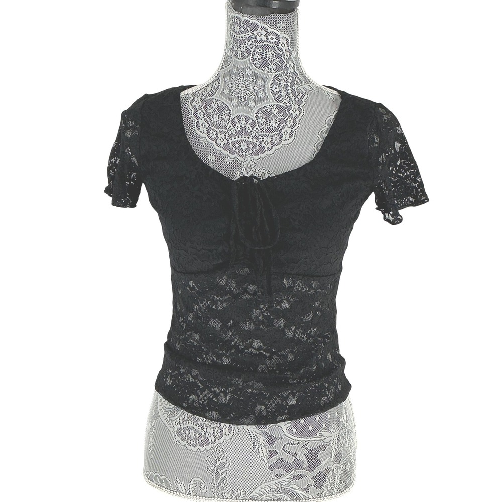 Wild Love Women's‎ Black Floral Lace Short Sleeve Tie Front V Neck Top Size M